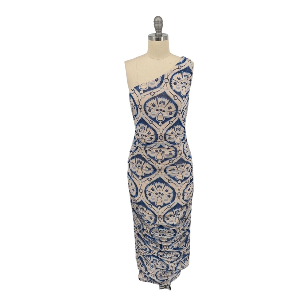 01533 House of Harlow Geo Print Mesh Bodycon Dress Blue Cream Size Small retro